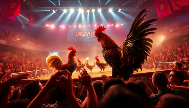 Dramatic live cockfighting event atmosphere at dagawin.live, showcasing excitement and engagement.