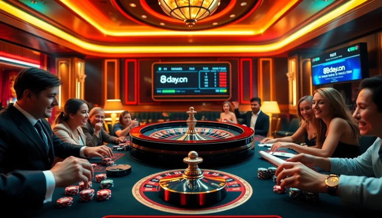 Players enjoying a thrilling gambling experience at 8day.cn.com with roulette and cards on display.
