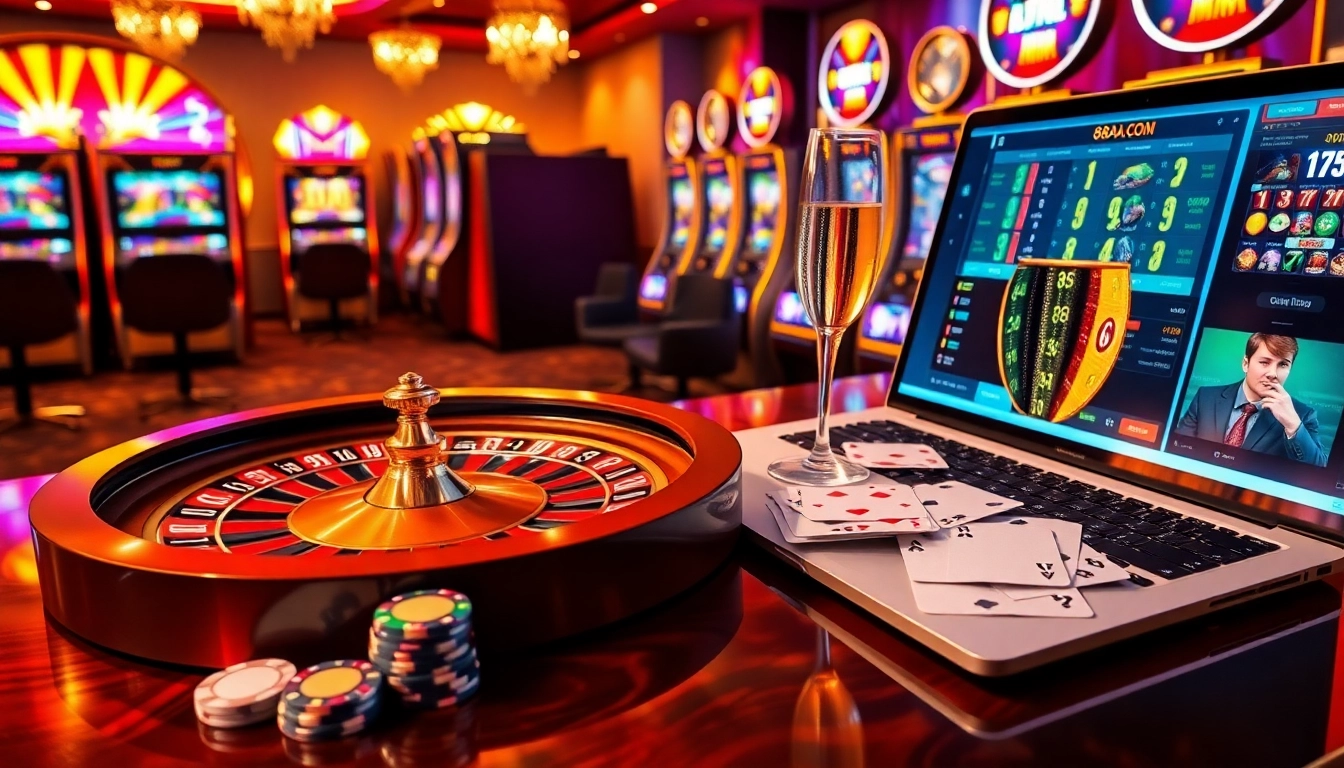 Experience the thrill of gambling at 88AA.COM with elegant casino tables, vibrant slot machines, and high-value poker chips.
