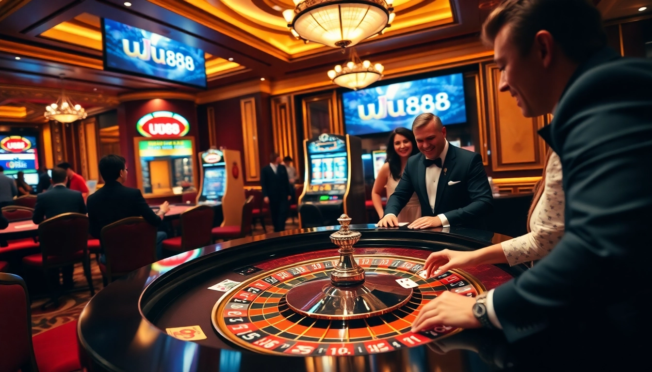 uu88 players enjoying an upscale casino experience at a thrilling roulette table.