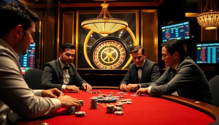 Exciting poker game scene featuring players at a table with colorful chips at rikvip.gb.net