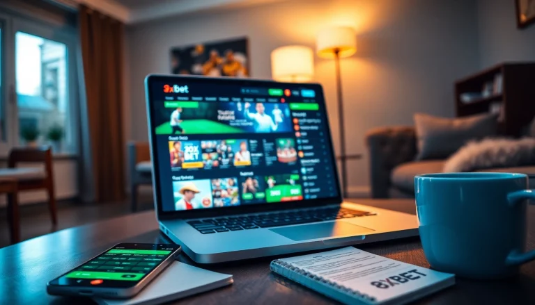 Engaging scene of 8xbet.com.se showcasing an inviting online betting interface with a laptop and sports elements.