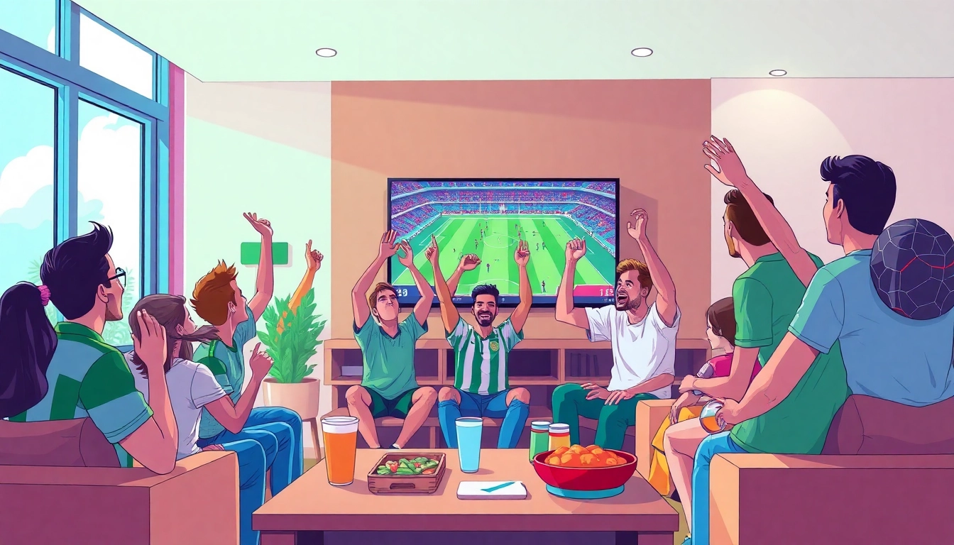 Football fans enjoying a live match at home with joemadfan.com streaming service.