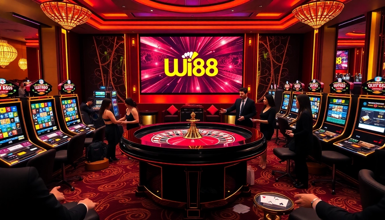 Experience the excitement of uu88 đăng nhập at a luxurious casino with roulette and vibrant slot machines.