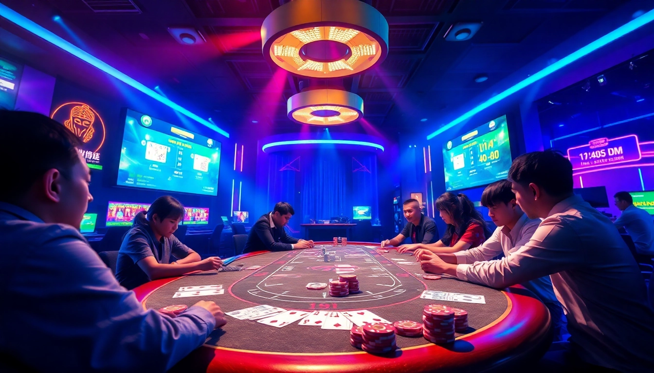 Exciting virtual card game scene reflecting the thrill of gamebaidoithuong.com.vc with engaging players.