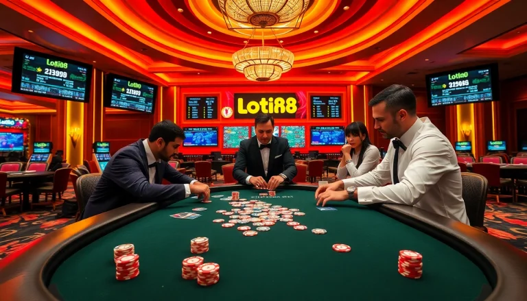 Players engaging in an intense poker game at loto188.gb.net, surrounded by vibrant casino decor.