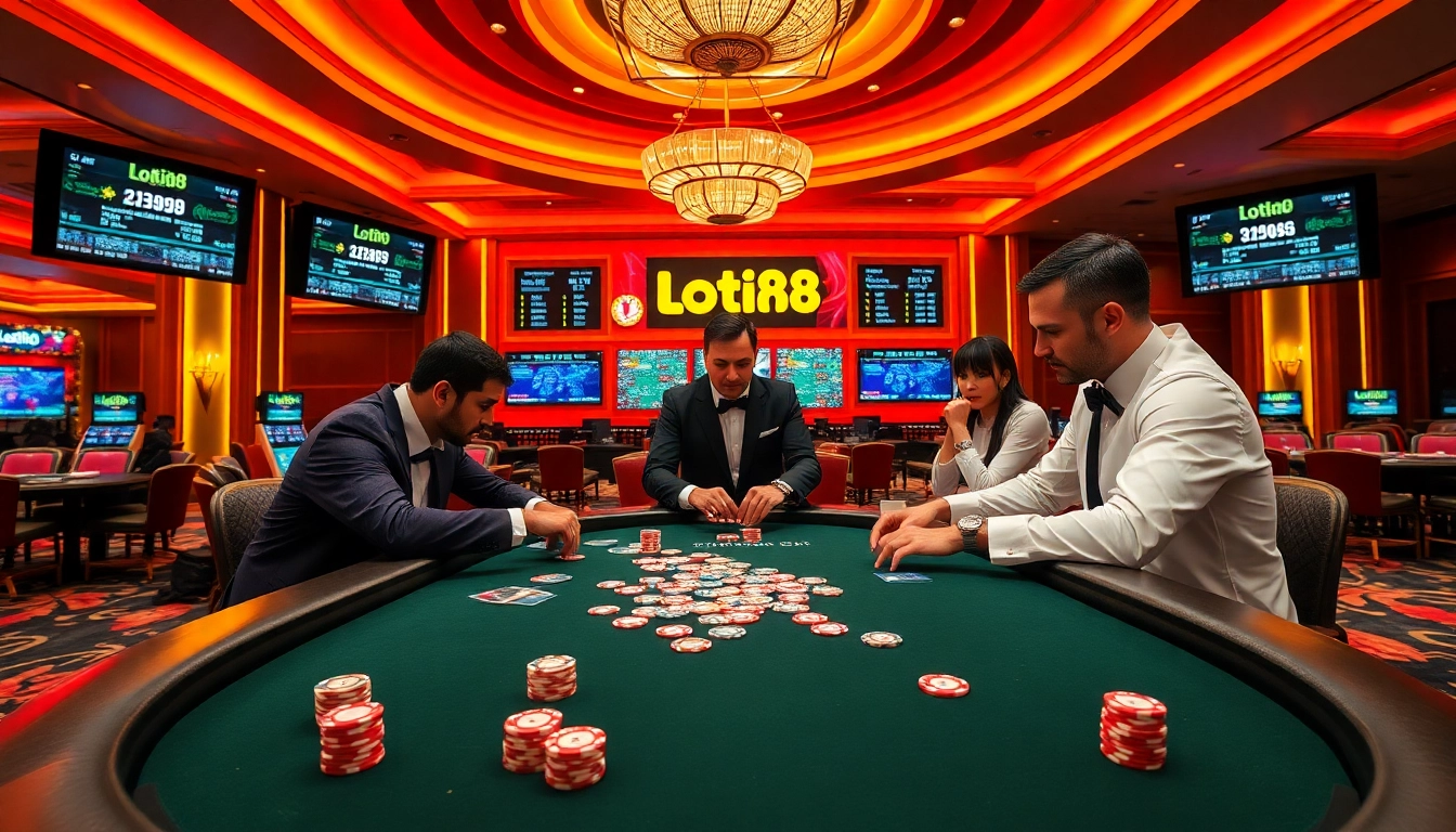 Players engaging in an intense poker game at loto188.gb.net, surrounded by vibrant casino decor.
