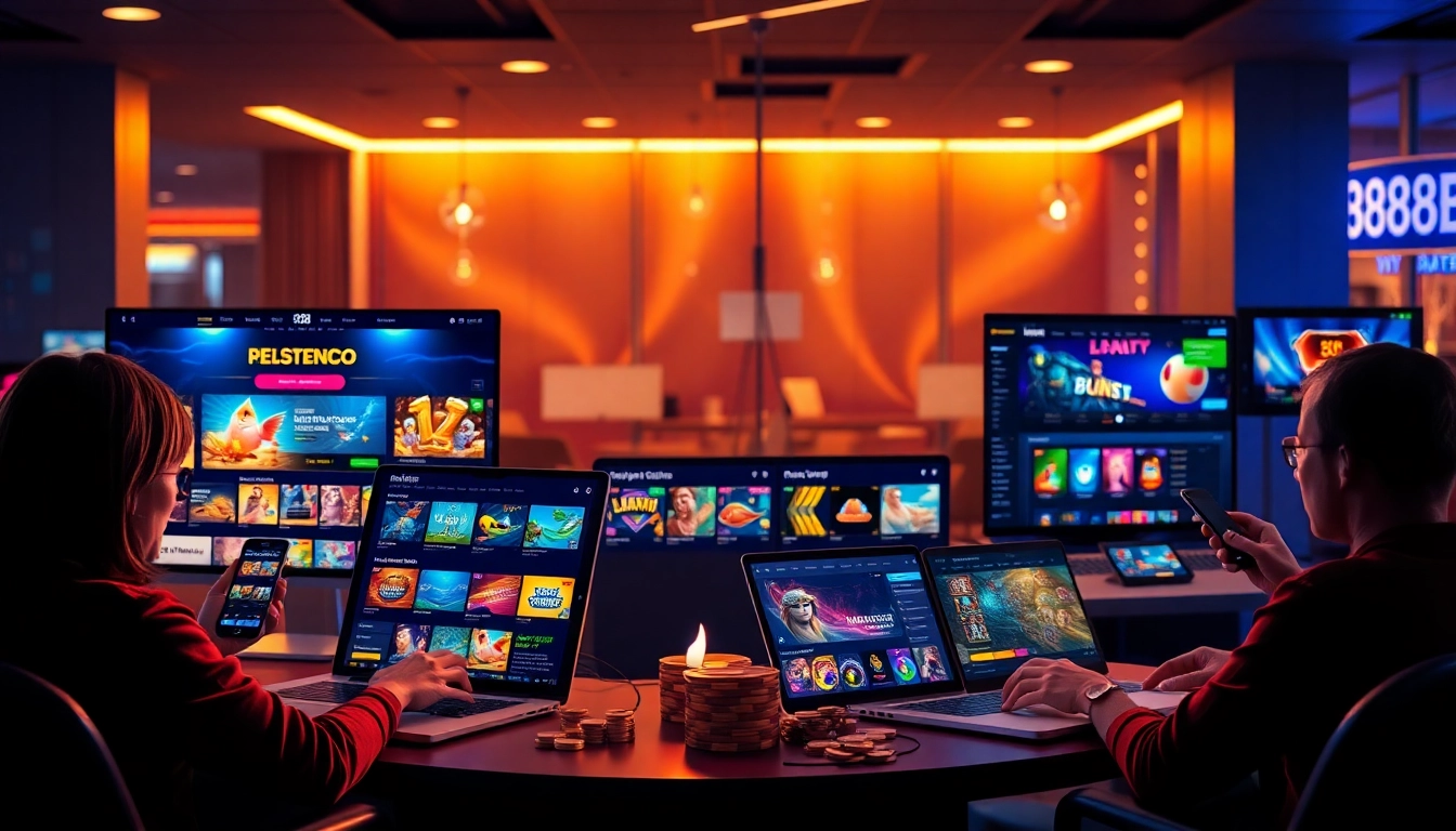 Vibrant online gambling scene showcasing 888b.rodeo with users enjoying various games on modern devices.