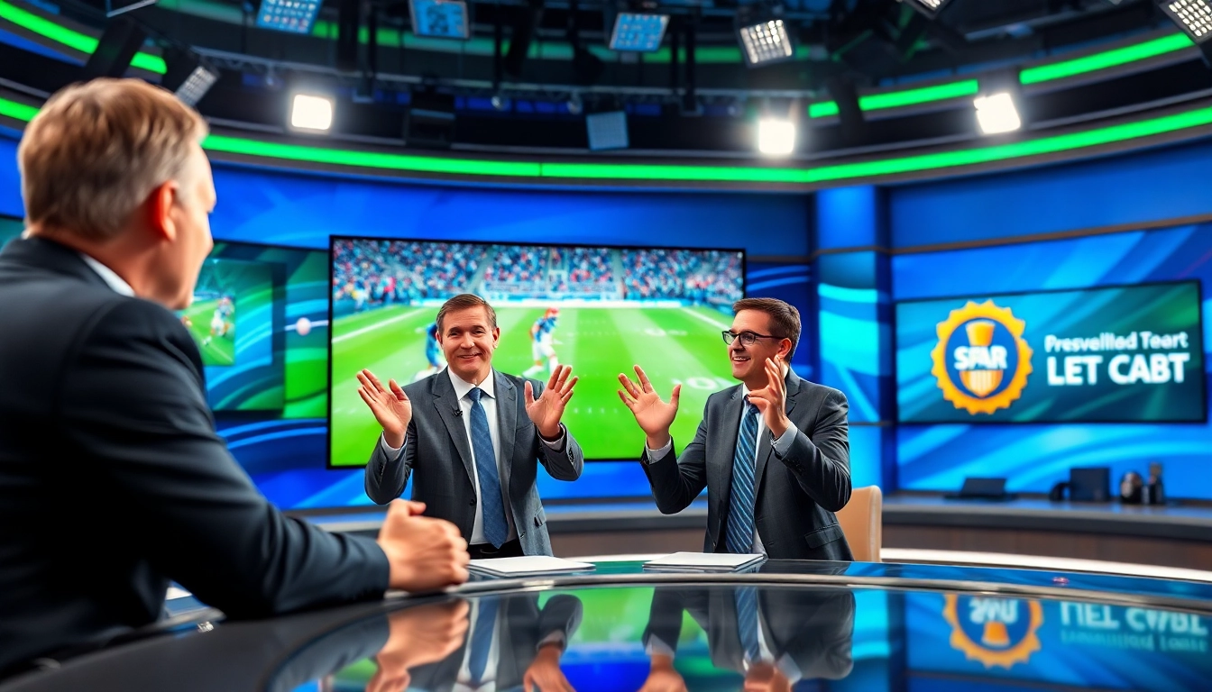 Engaging scene in sports broadcasting featuring hosts reviewing live game highlights.