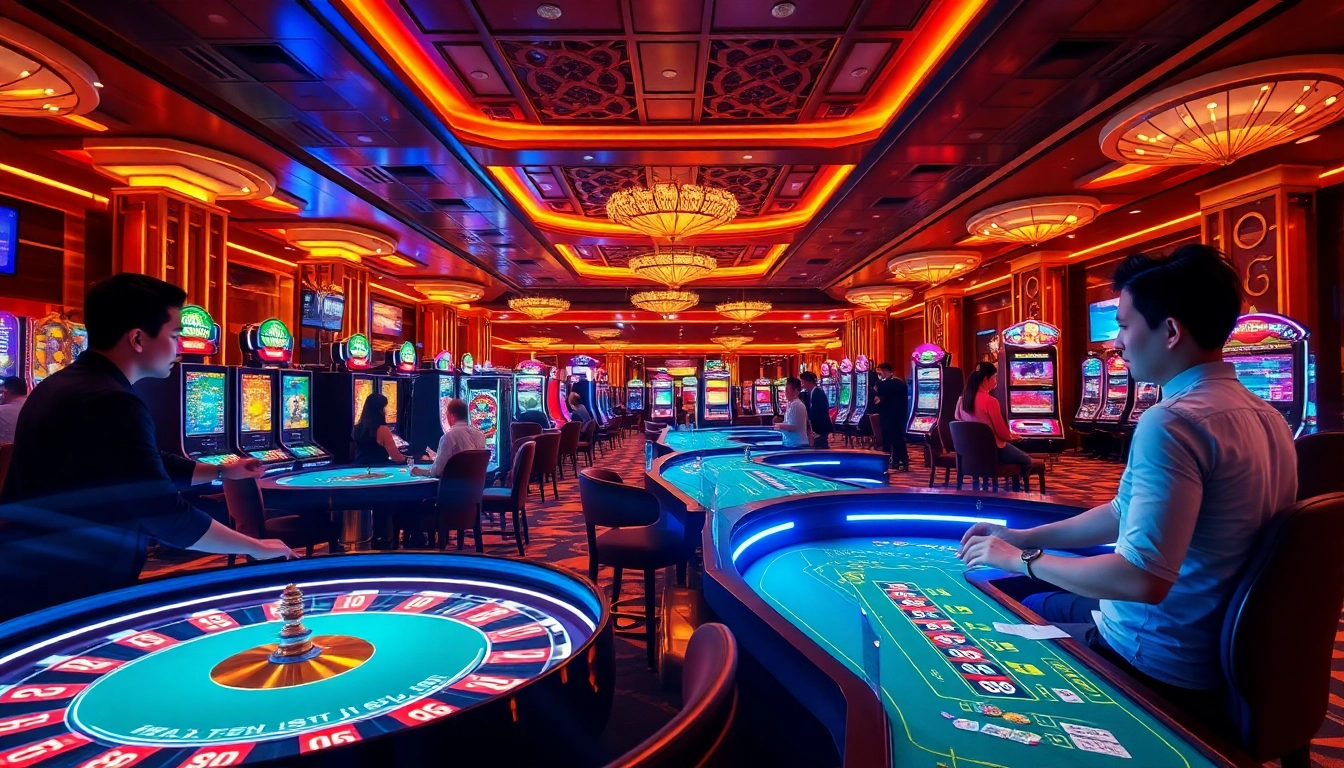 Dynamic casino gaming scene at TRANG CHỦ VSWIN with vibrant tables and excited players.