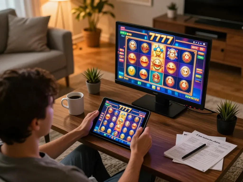 Engaged player enjoying slot777 online gaming on tablet in a cozy living room setting