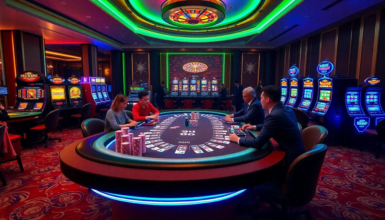 Experience the excitement of nk88 table games featuring players, chips, and slots.