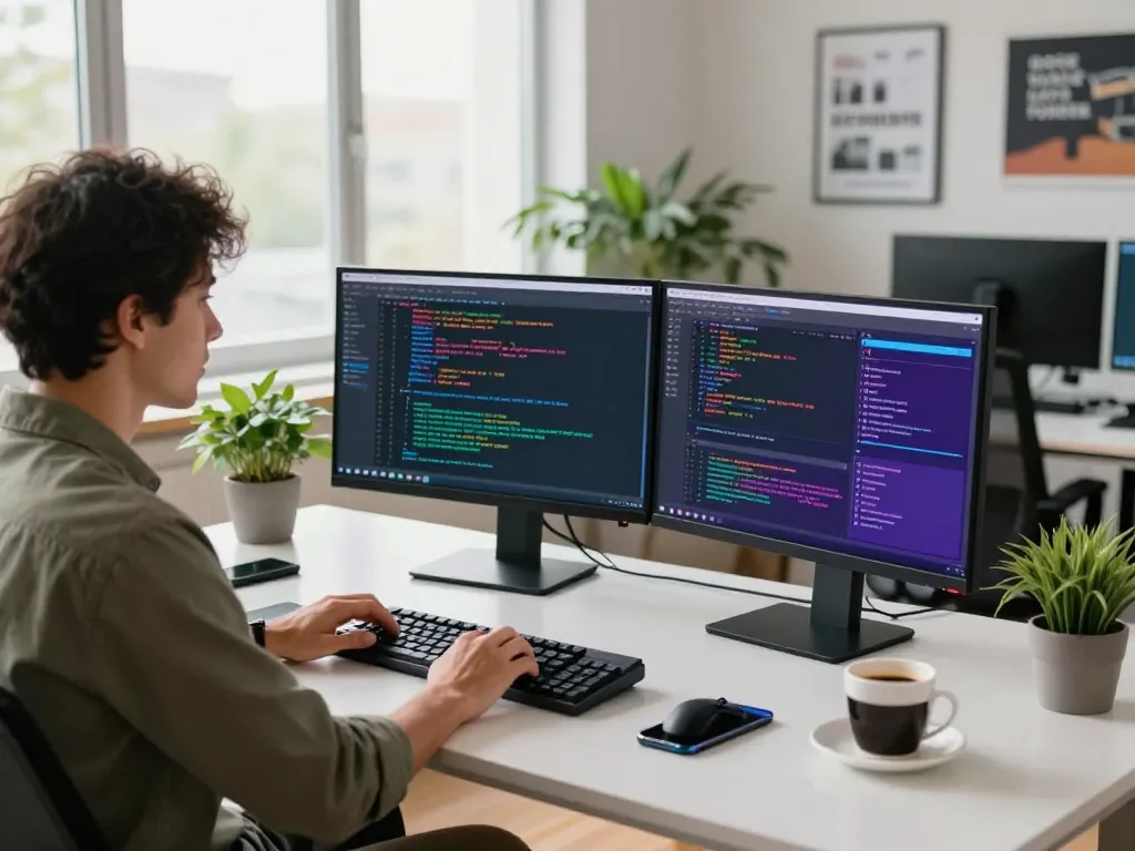 Developer coding with 谷歌浏览器 on dual monitors in a bright tech workspace, showcasing a collaborative and innovative atmosphere.