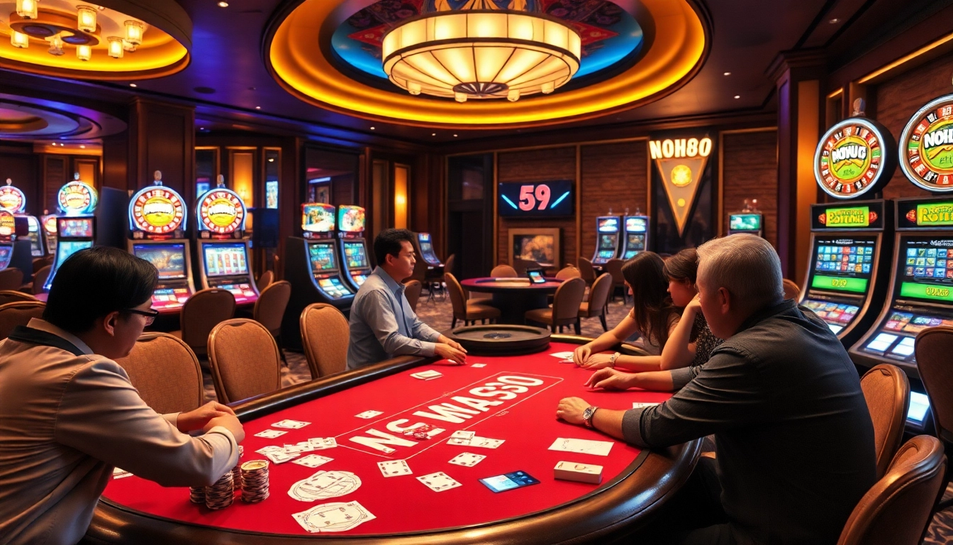 Players enjoying a thrilling poker game at nohu90 casino, surrounded by vibrant slot machines and a roulette wheel.