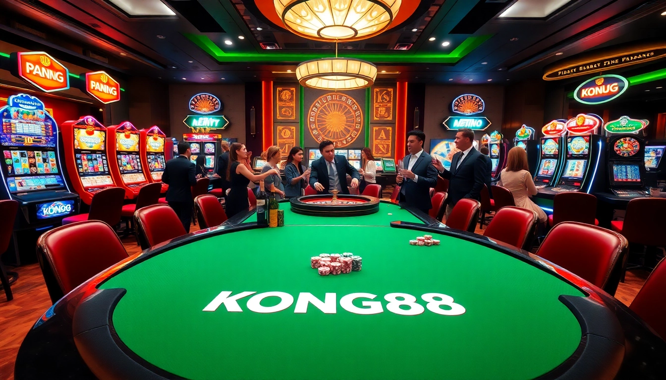 KONG88 gaming table with players enjoying a thrilling casino experience and celebrating wins.