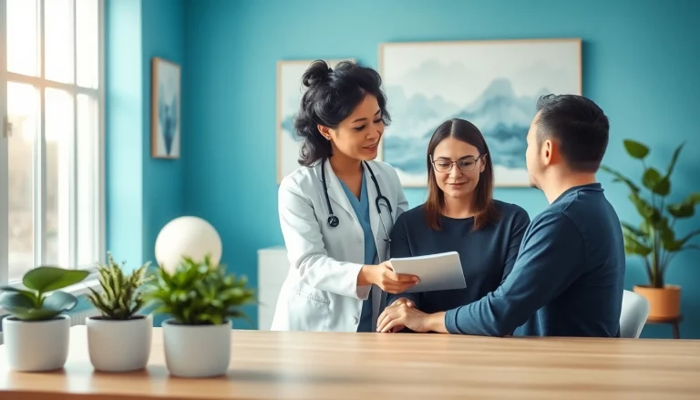 Therapist discusses stress and anxiety with a client in a calm office setting.