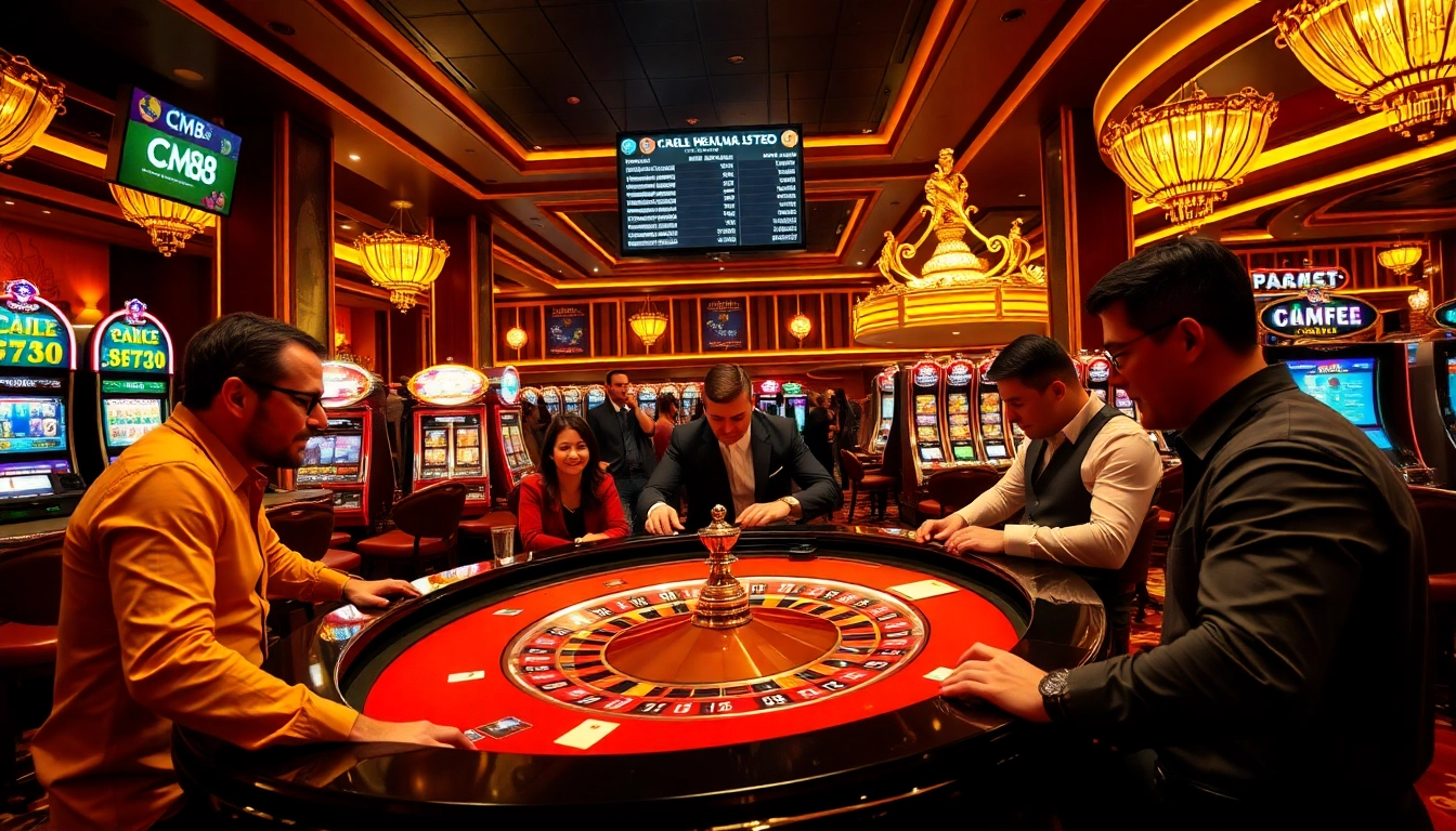 Players engaging at a CM88-themed casino table with vibrant slots and poker chips reflecting excitement.