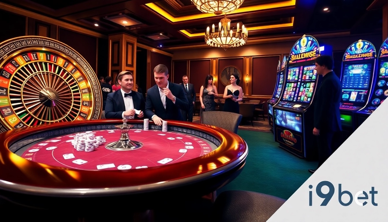 Engaged players enjoying a luxurious gaming experience at i9bet casino with poker, roulette, and slot machines.