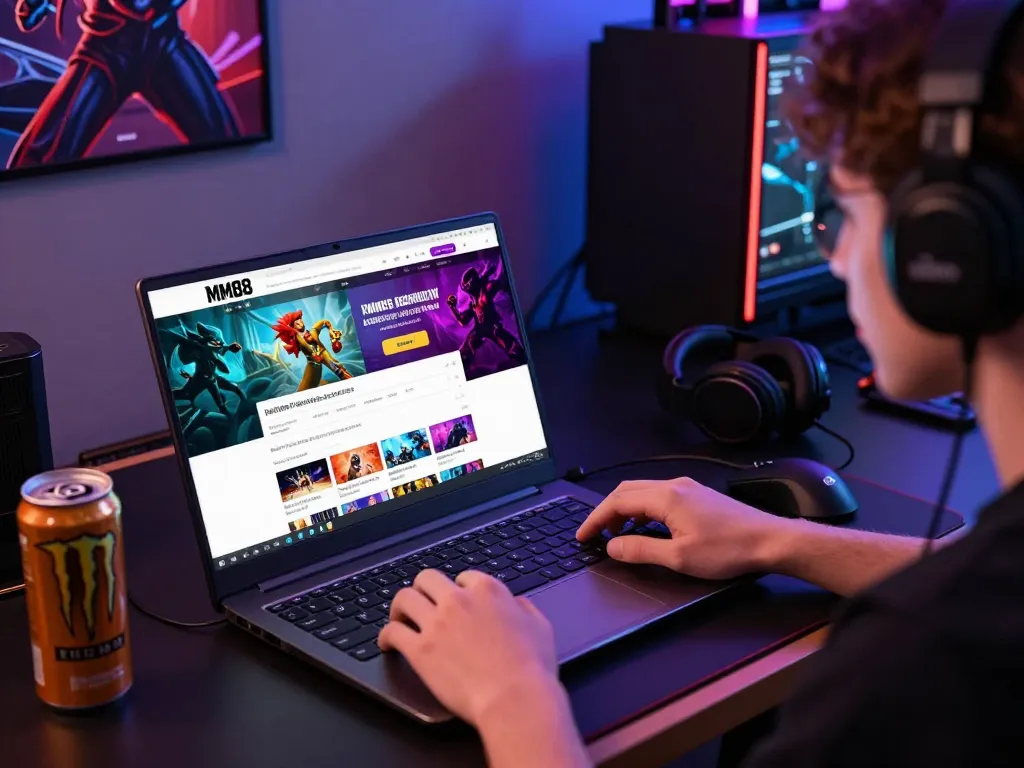 MM88 đăng ký - Engaged gamer excitedly exploring the MM88 registration process on a vibrant laptop setup.