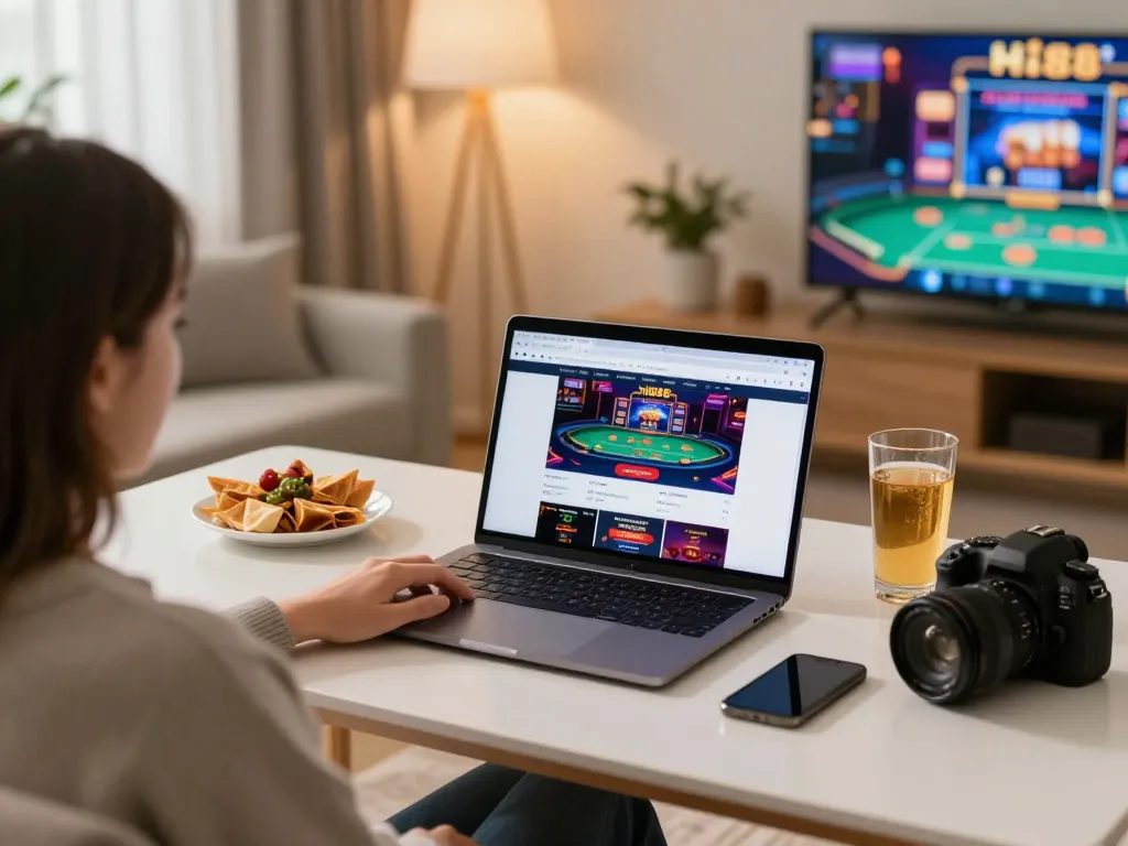 Player engaging with the hi88 online casino on a laptop, showcasing a cozy gaming atmosphere.