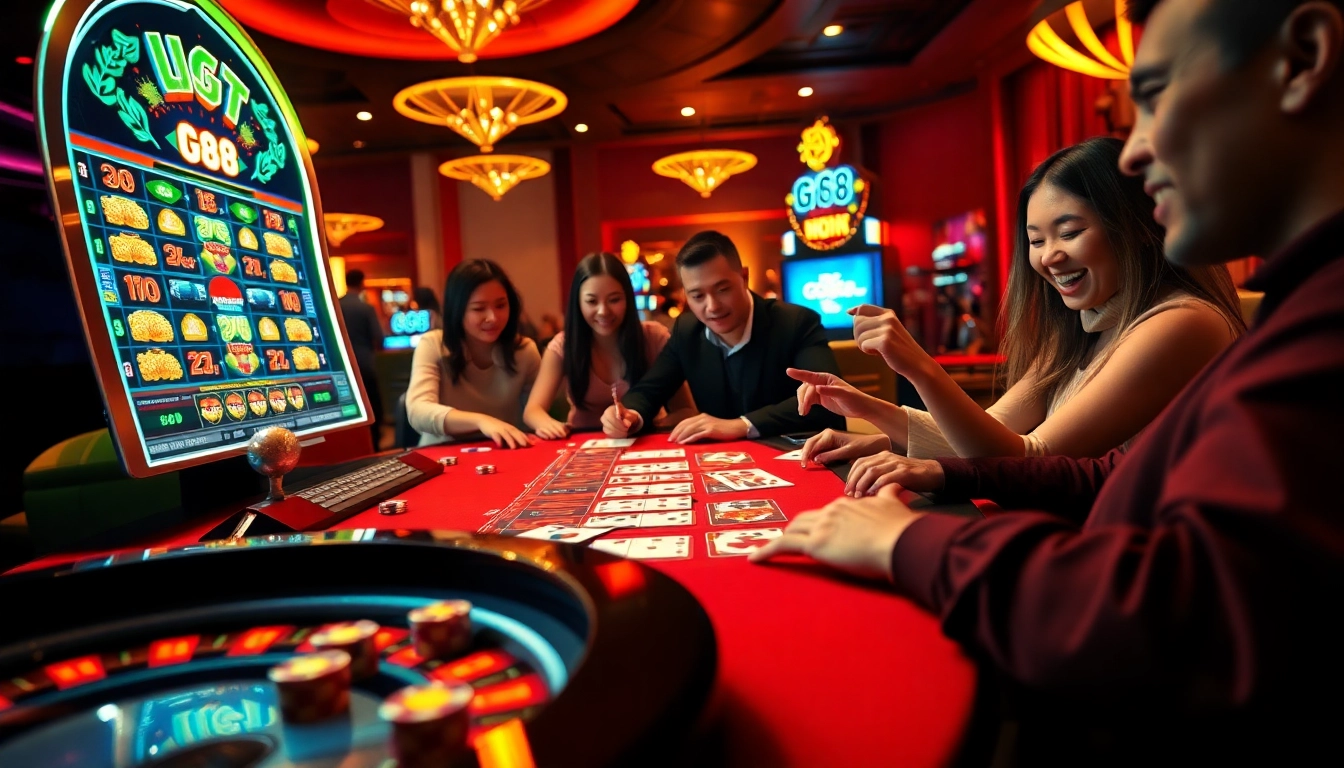 Exciting players engaged in online gambling at GO88 with poker chips and a roulette wheel.