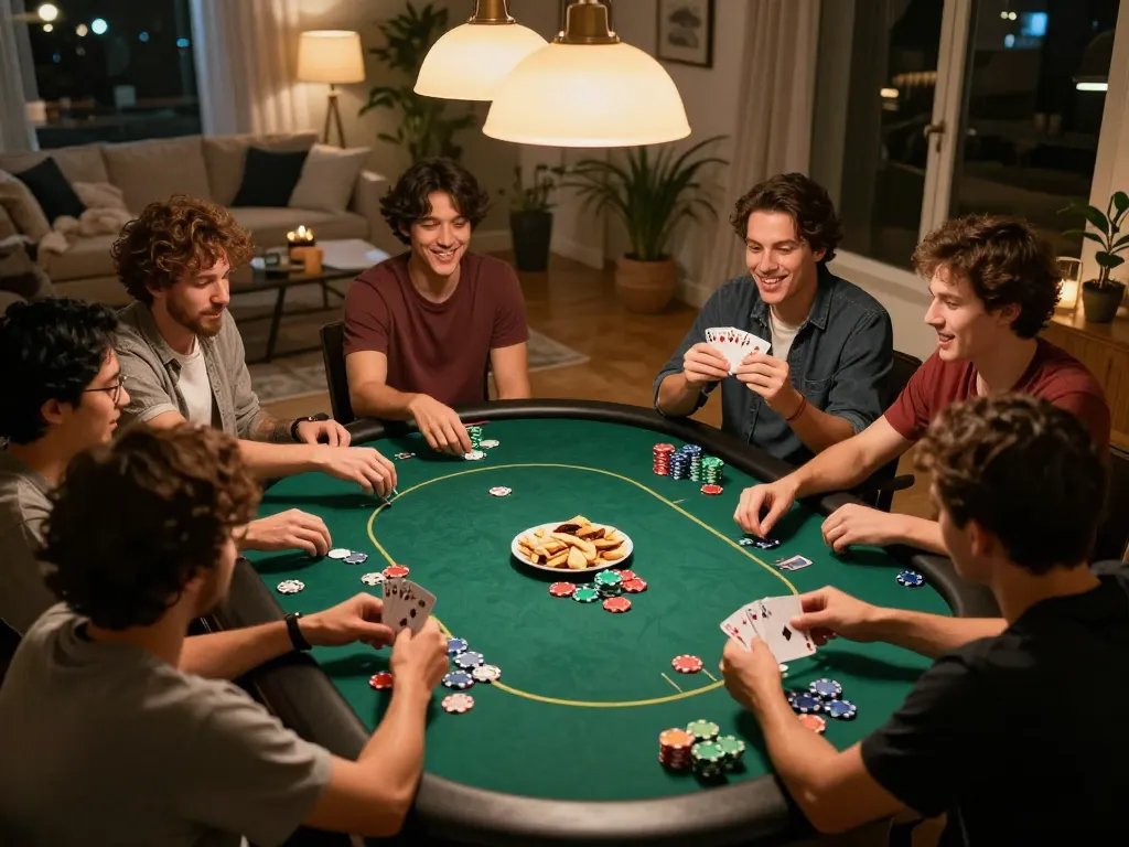 Players enjoying a poker game at home, showcasing J88.com casino dynamics in a friendly atmosphere.