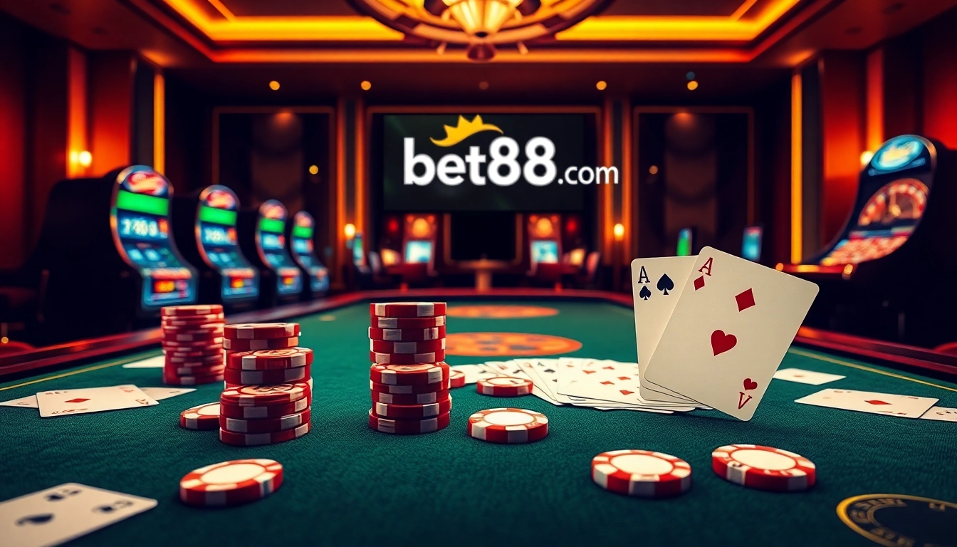 Experience the thrill of gaming with bet88.com at this vibrant casino table scene.