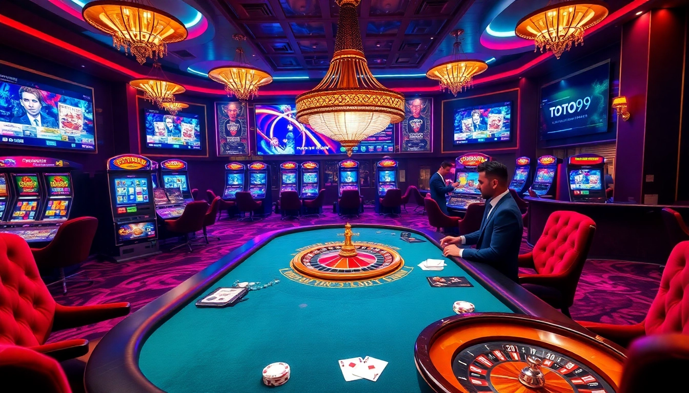Toto919 poker players engaged in a high-stakes game amidst a vibrant casino backdrop.