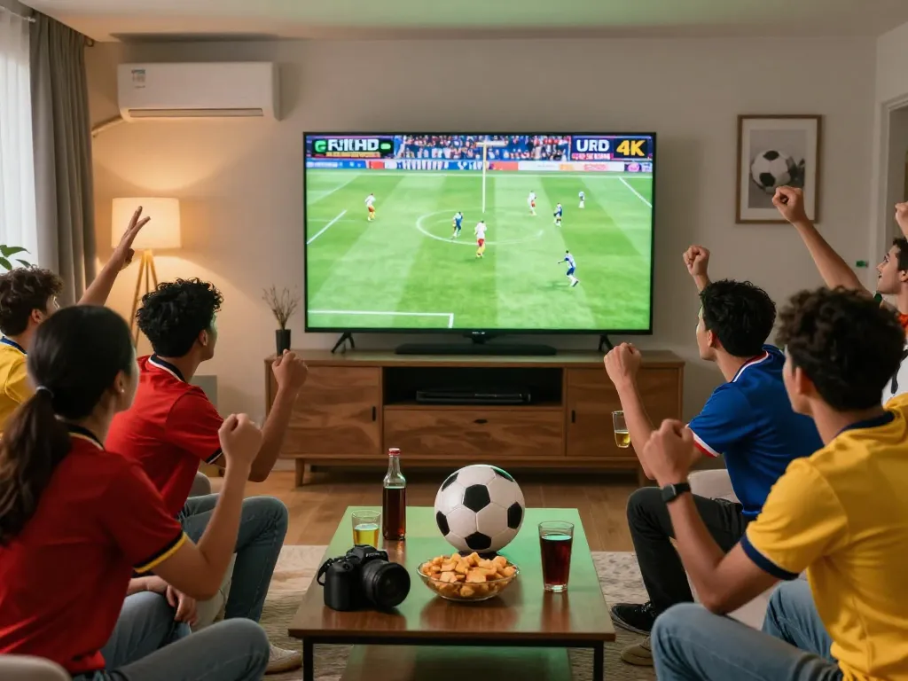 Exciting soccer viewing experience with friends enjoying live matches on https://cakhiatvz.live/, showcasing Full HD quality and vibrant atmosphere.