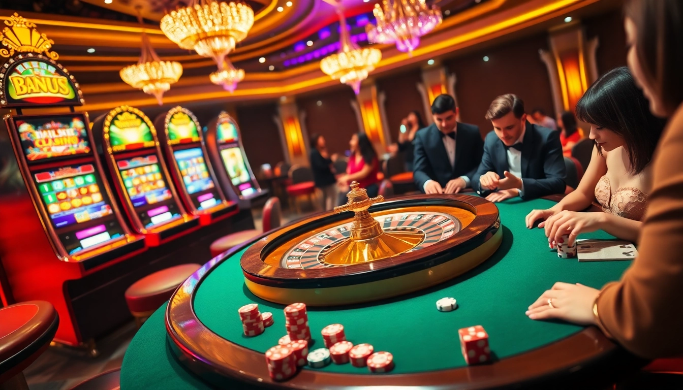 Thrilling gaming scene at the casino featuring idn slot machines and dynamic roulette.