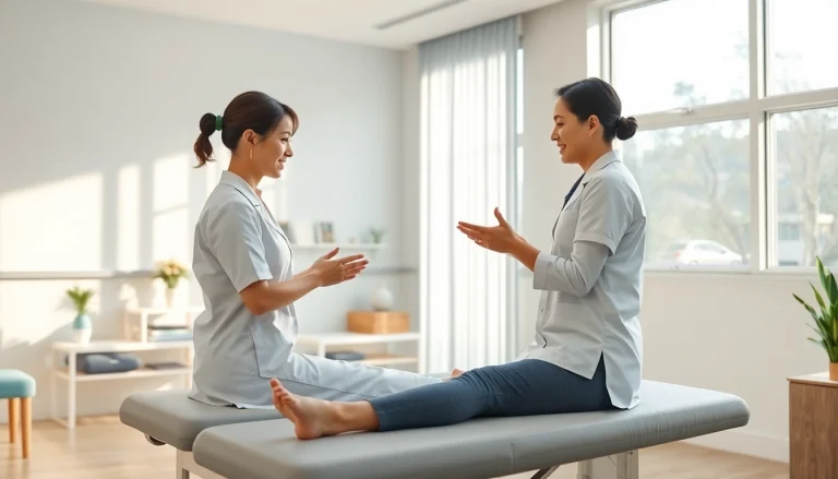 八千代市整骨院の温かい治療室、整体師と患者とのプロフェッショナルなやり取りを示しています。