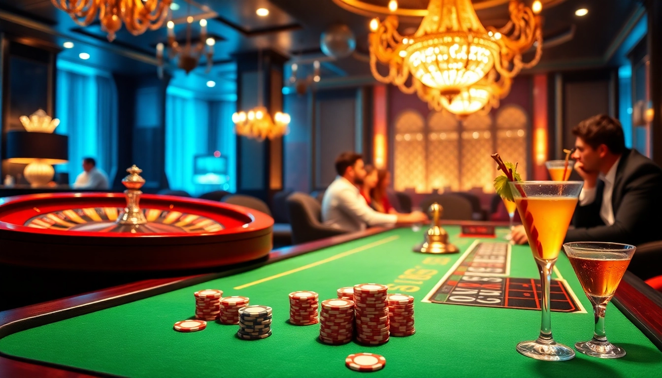 king88 poker table with vibrant chips and roulette wheel in a luxurious casino setting