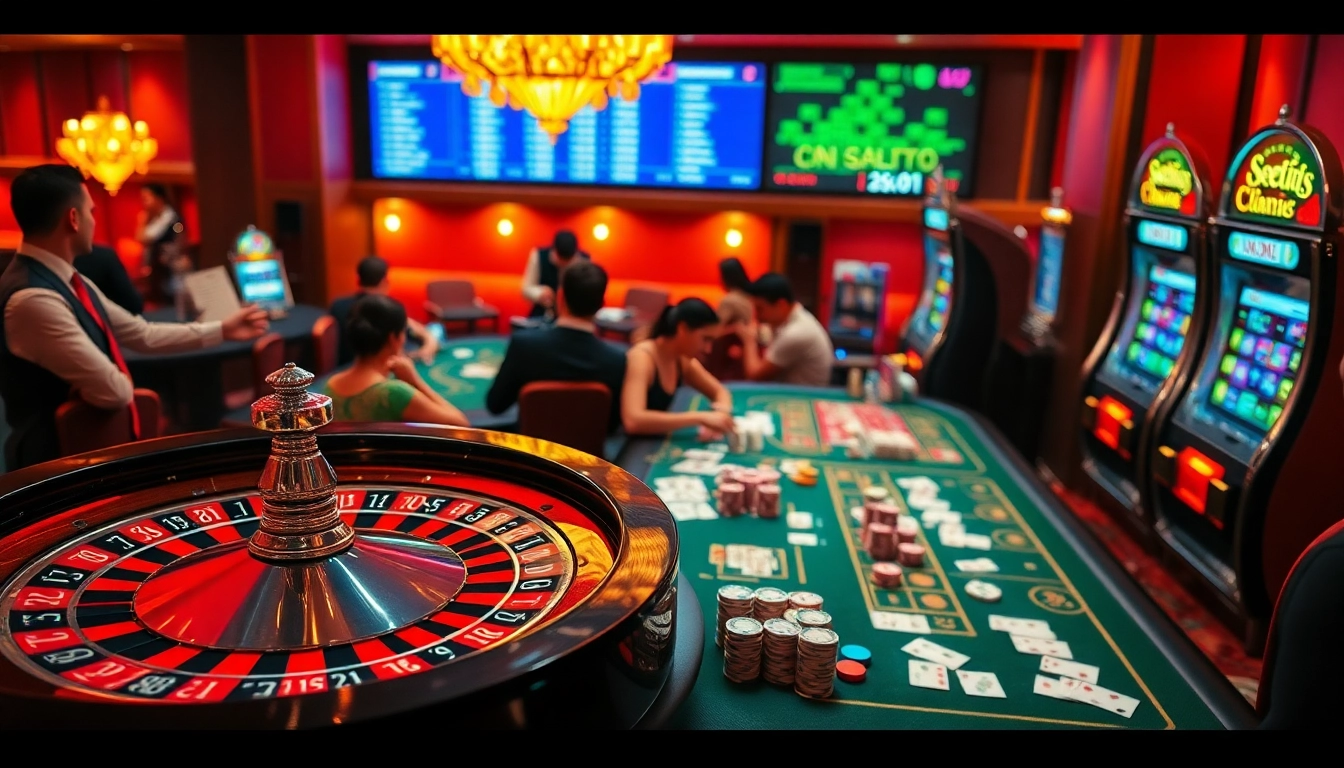 Engaging scene with excited players at a casino featuring https://emmacleans.co.com/ slot machines and poker tables.