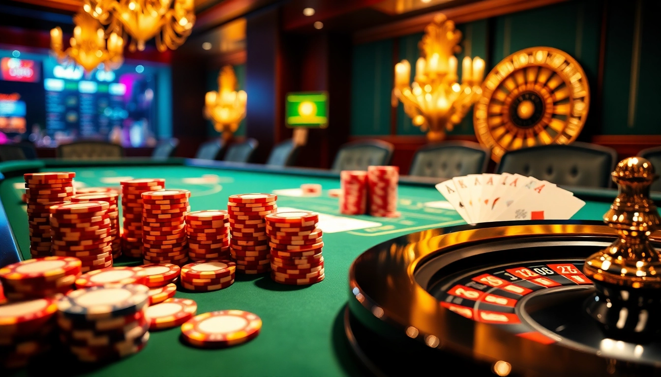 uu88 vip casino scene showcasing poker chips and roulette wheel in a luxurious setting