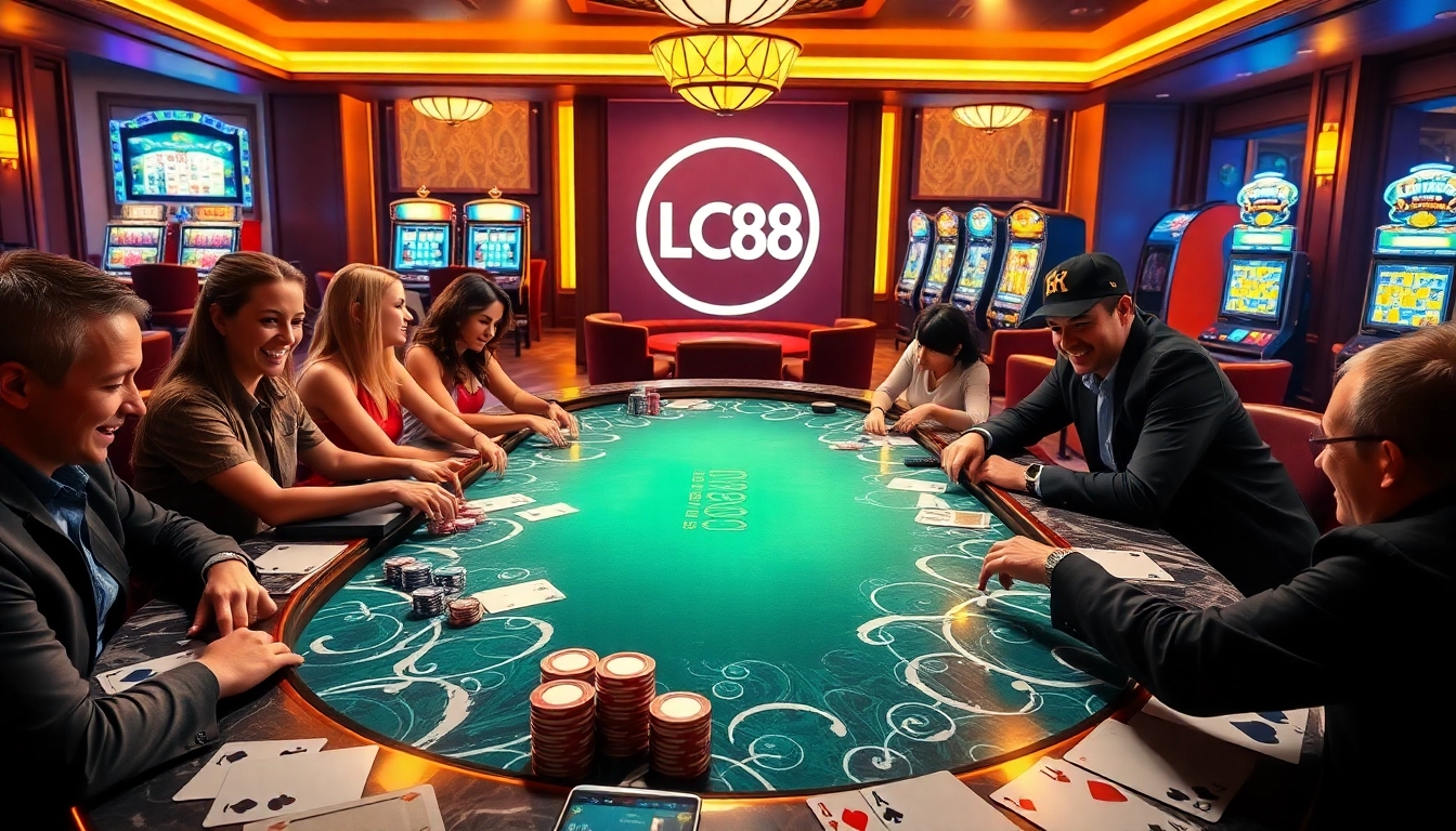 Engaging scene of players at an LC88 blackjack table, capturing casino excitement.