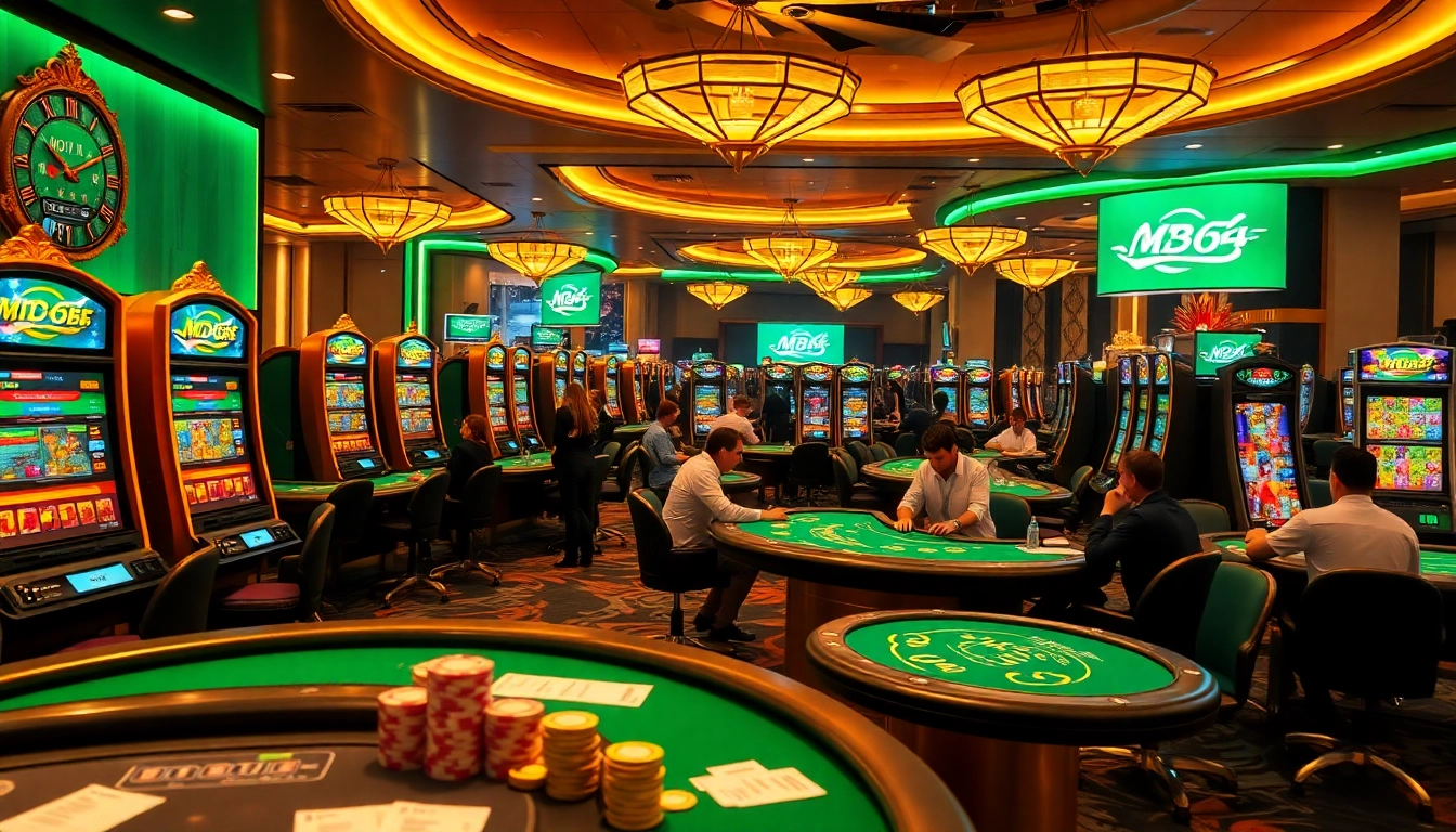 Experience the thrill of gambling at MB66COM, with vibrant casino tables and lively players.