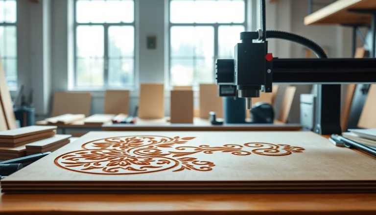Engaging workspace featuring dxf file for laser cutting designs on wood with precision tools.