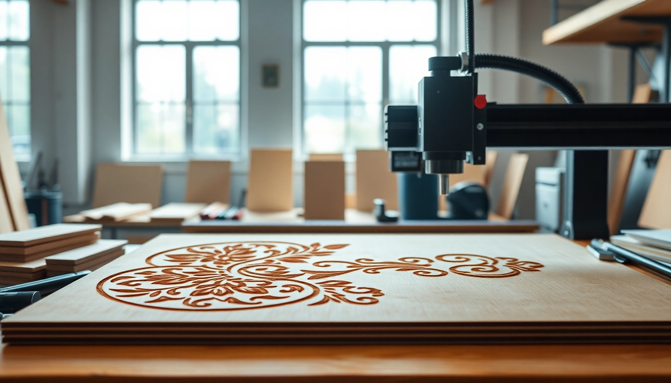 Engaging workspace featuring dxf file for laser cutting designs on wood with precision tools.
