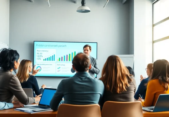 A corporate coach facilitating a workshop, showcasing expert strategies for team growth and collaboration.