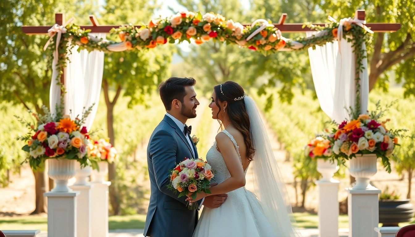 Couple celebrating Clarksburg ca weddings at a beautiful outdoor venue with a floral altar.