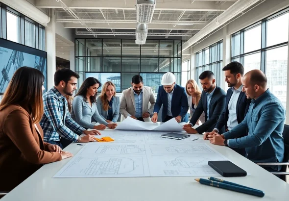 Collaboration in a construction member organization office highlights teamwork and planning efforts.