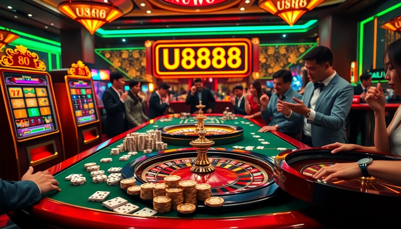 Gamblers enjoying high-stakes games at a casino while exploring U8888 betting options.