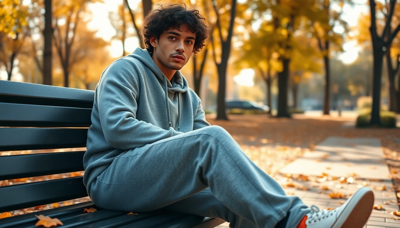 Stylish individual in french terry sweatpants sitting on a bench amid autumn leaves.