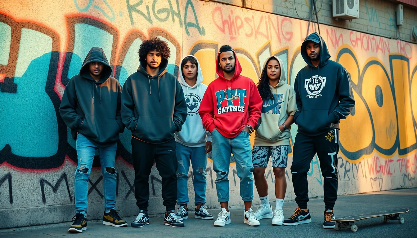 Streetwear clothing brands showcased in an urban setting with diverse youth.
