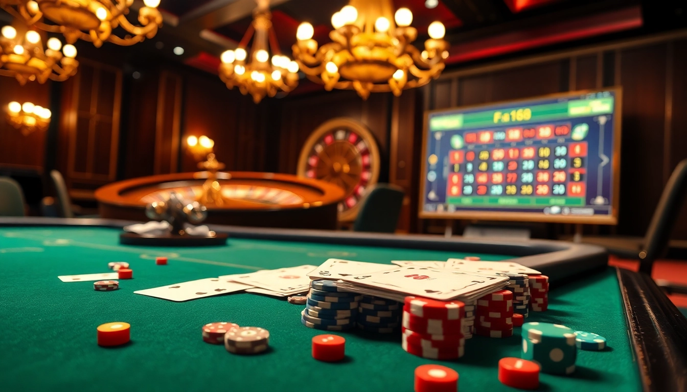 Experience thrilling F168 casino action at a luxurious poker table with vibrant chips and cards.