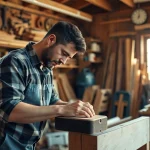 Carpenter focused on a carpentry apprenticeship while building a wooden bench in a workshop.