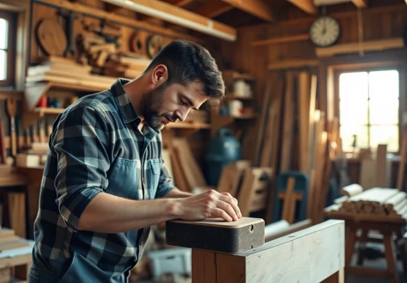 Carpenter focused on a carpentry apprenticeship while building a wooden bench in a workshop.