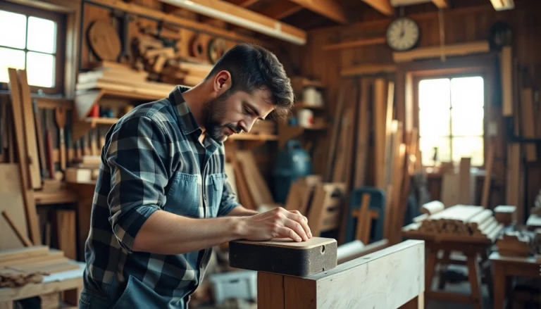 Carpenter focused on a carpentry apprenticeship while building a wooden bench in a workshop.