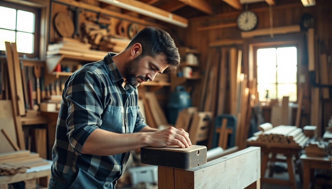 Carpenter focused on a carpentry apprenticeship while building a wooden bench in a workshop.