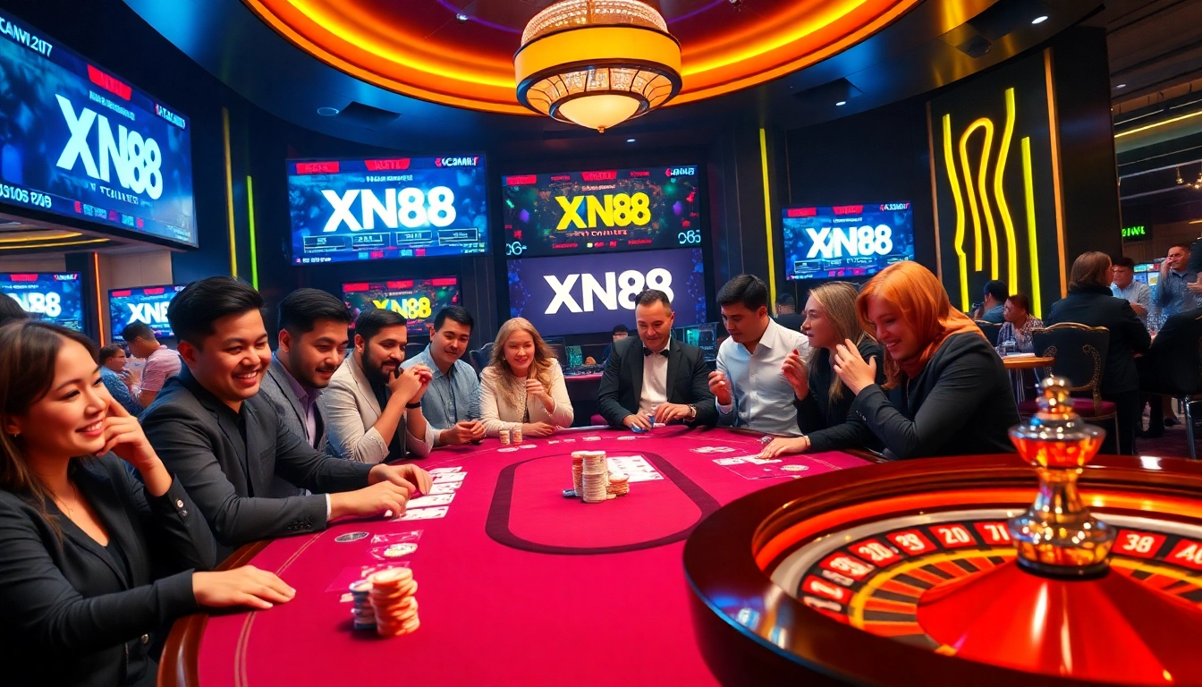 Experience thrilling gameplay at XN88 with vibrant casino tables, poker chips, and engaging players.
